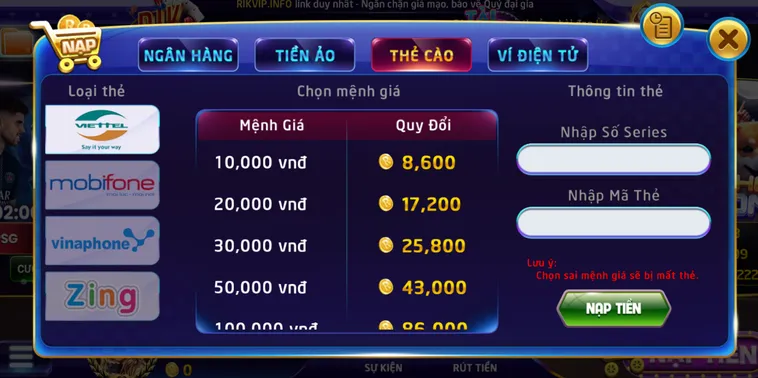 Nạp tiền thẻ cào an toàn tiện lợi bảo mật đa kênh.